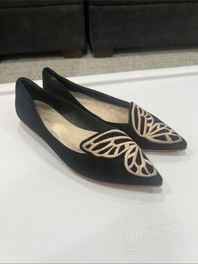 Sophia Webster Black Pointed Flats with Gold Metallic Butterfly